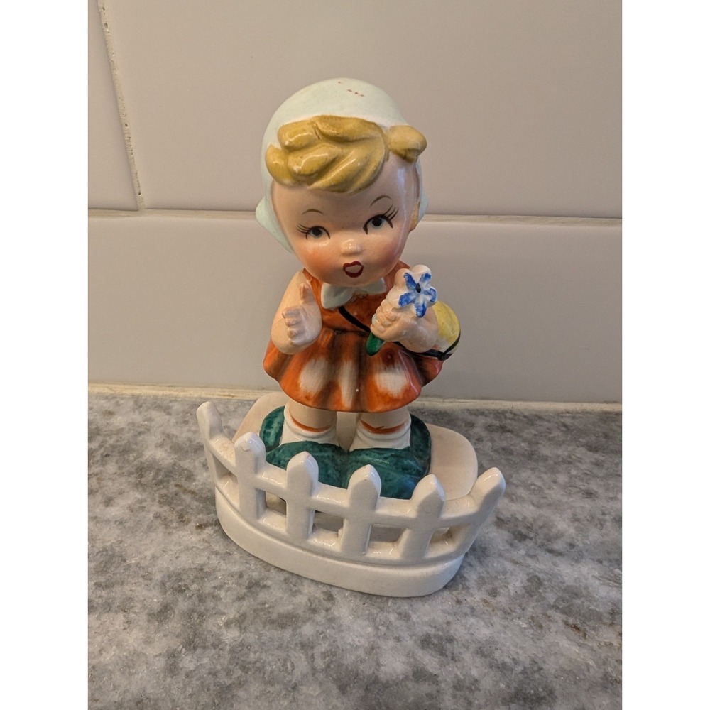 Vintage Little Girl With Flowers in the Park & WHITE PICKET FENCE, Made In Japan
